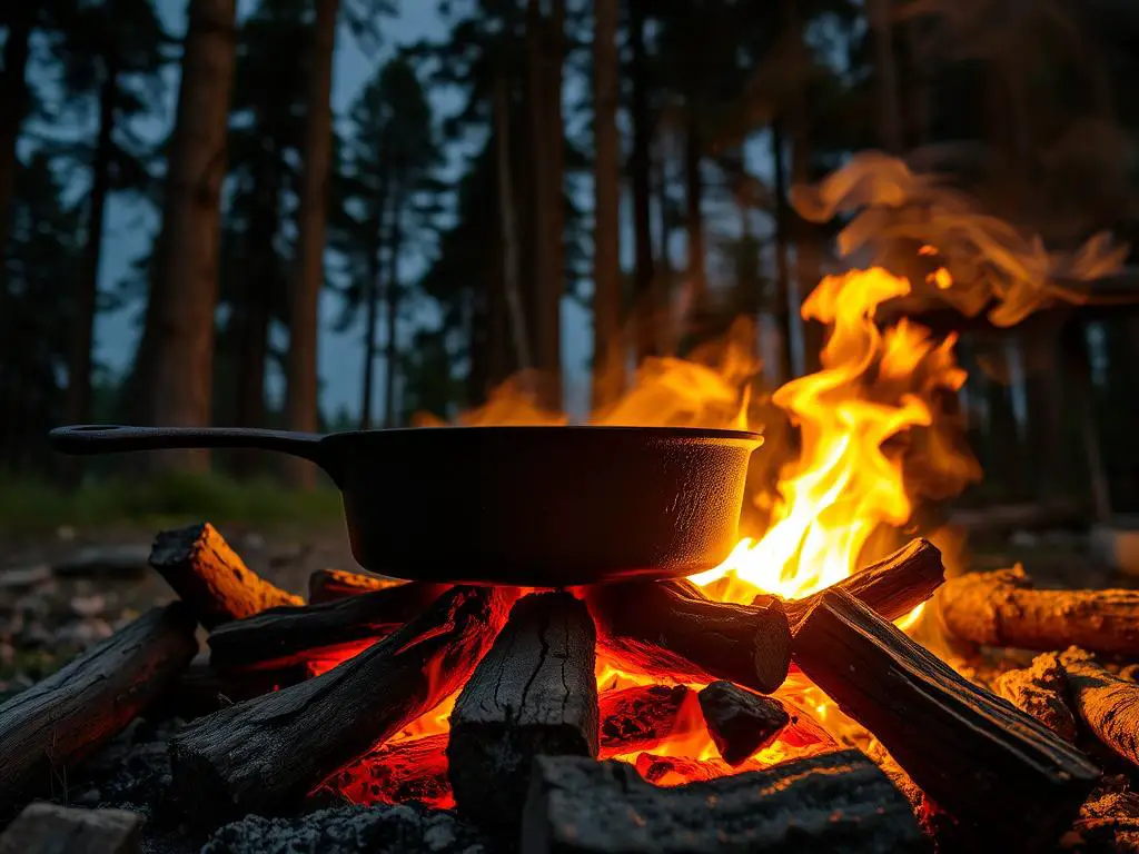 Cast iron skillet over campfire