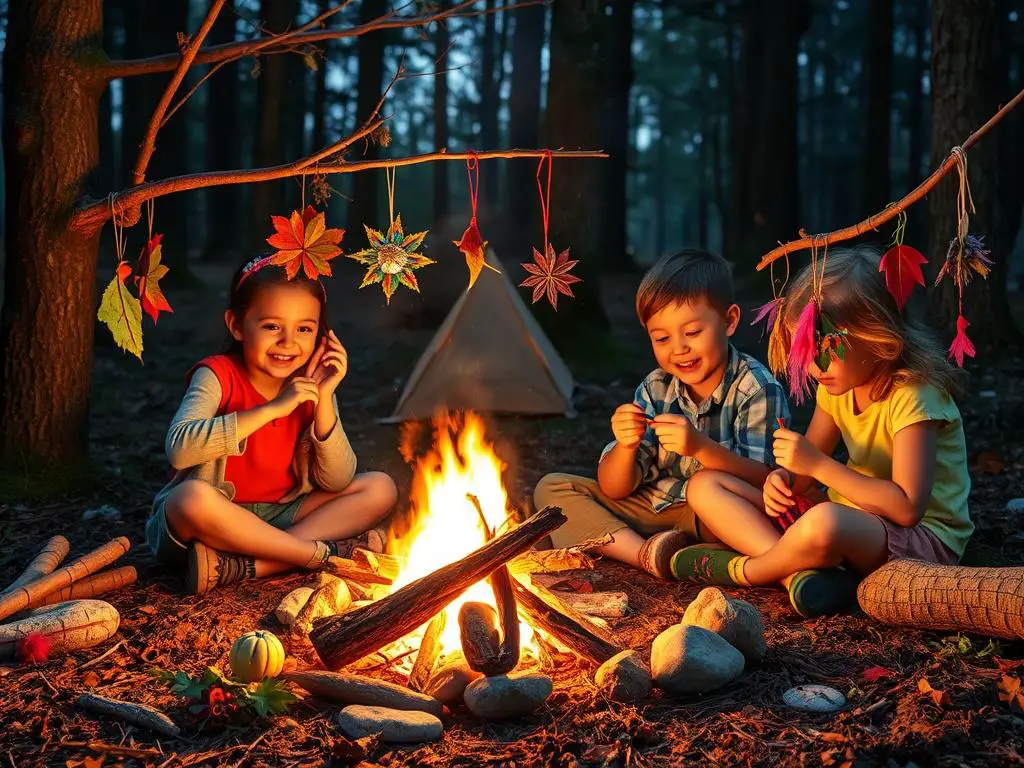 Nature crafts for kids around campfire